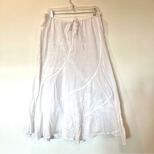 Vtg White Cotton Embroidered Flare Midi Skirt Medium Tie Waist